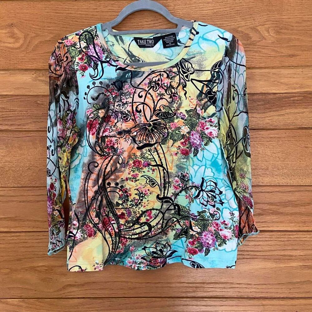 Vintage 90s Y2K Take Two floral boho sheer sleeve knit top